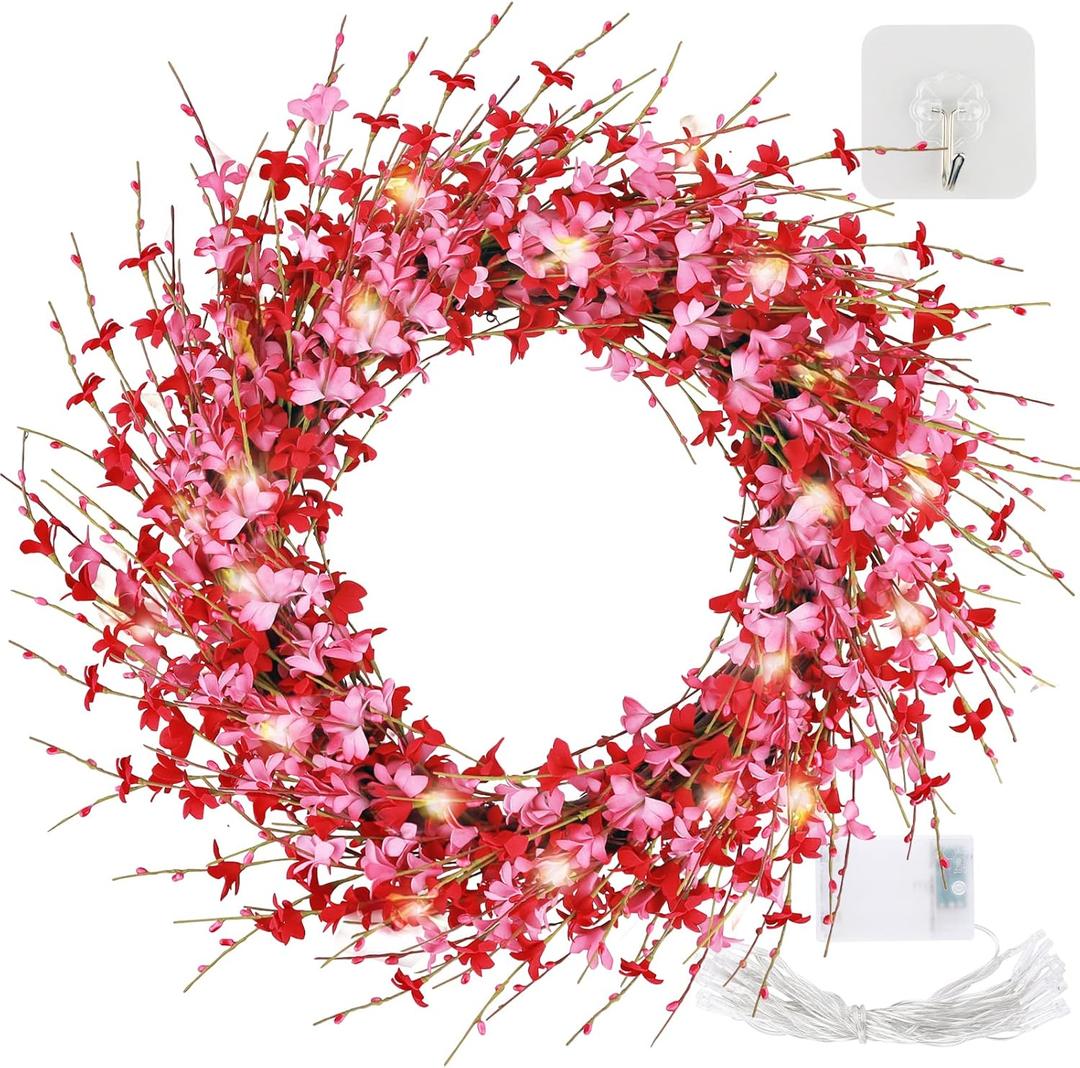 22 Inches Artificial Pink Forsythia Flower Wreath, Natural Vine Wreath, Spring/Summer Front Door Wreath with Hook and Light String, for Wedding Window Home Wall Indoor Front Door Decor