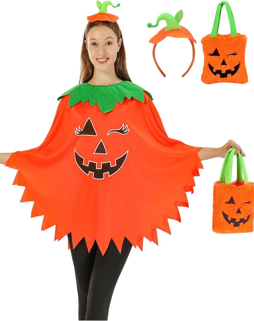 3Pcs Pumpkin Costume Adult,Glow in the Dark Poncho for Women with Headband and Candy Bag for Halloween