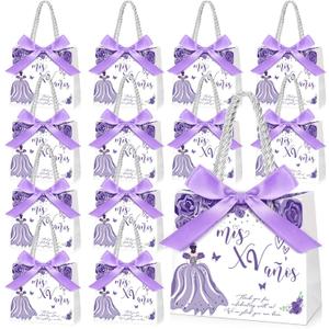 Skyygemm 25 Sets Quinceanera Gift Bag with Handles Quinceanera Party Favors for Guests Small Candy Bag with Bow Ribbon Decoration Sweet 15 Birthday Party Favor (Purple)