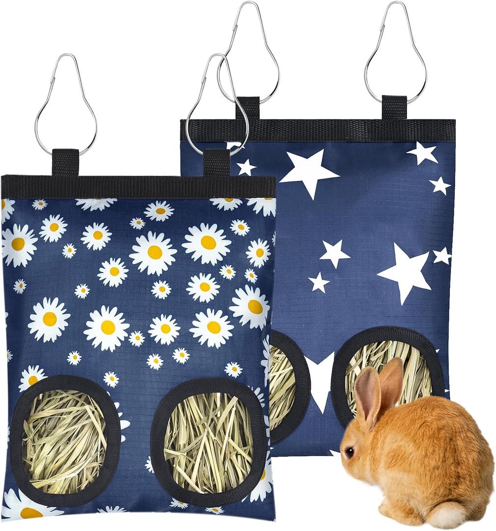 2 Pack Rabbits Hay Feeder Bag, 2 Holes Hanging Bunny Hay Feeder Guinea Pig Feeding Bag Storage Dispenser for Bunny Rabbits Chinchillas Hamsters Small Pets and Animals (Blue)
