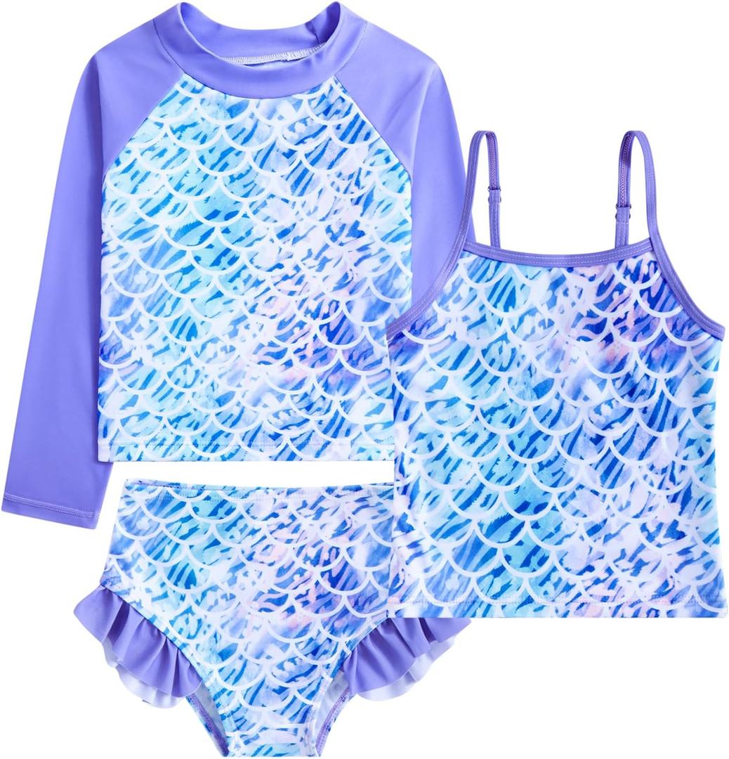 Funnycokid Girls Swimsuit 3 Pieces Long Sleeve Rash Guard Set Tankini Bathing Suits Summer Kids Swimwear 3-10 Years (6-7 Years, A-purple Mermaid)