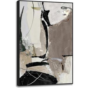 Yelash Living Room Wall Art Matte Gray and Black Abstract Painting Picture Decoration, Greyscale Beige Canvas Artwork for Office Bedroom Walls Decor 24x36 Black Frame