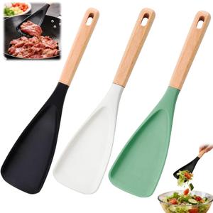 3Pack Cedar and Ash Spoonula Multi Function Spatula Cooking Spoon with Wooden Handle, Heat Resistant & Nonstick Kitchen Utensils Safe Silicone Head Spoon for Mixing, Stirring, Scooping, Flipping, Serving