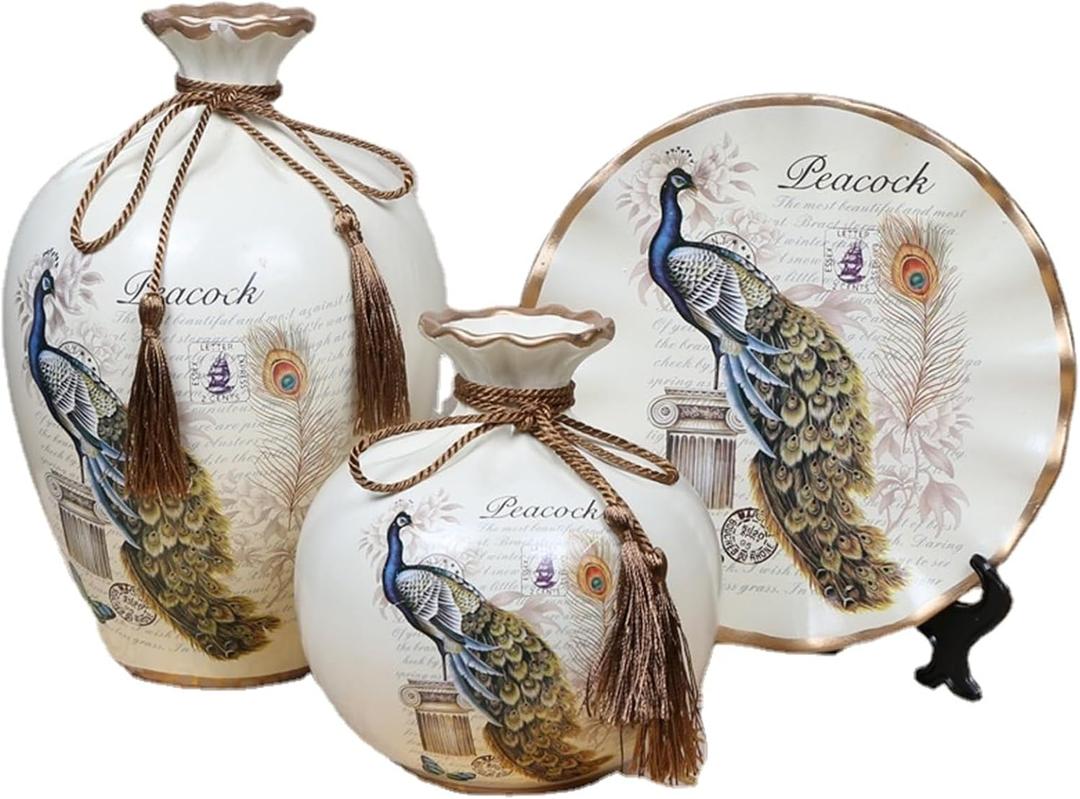 Peacock Ceramic Vase Set of 3 (9.8" Tall) - American Country Vintage Rustic Farmhouse Flower Arrangement Ornament, Versatile Home Decor for Living Room, Bedroom, Entryway, Bookshelf