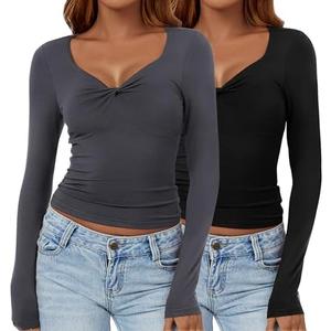 Ficerd 2 Pack Women's Long Sleeve T Shirts V Neck Twist Double Lined Crop Tops Going Out Slim Fit Trendy Tunic Tee Large, Gray/Black