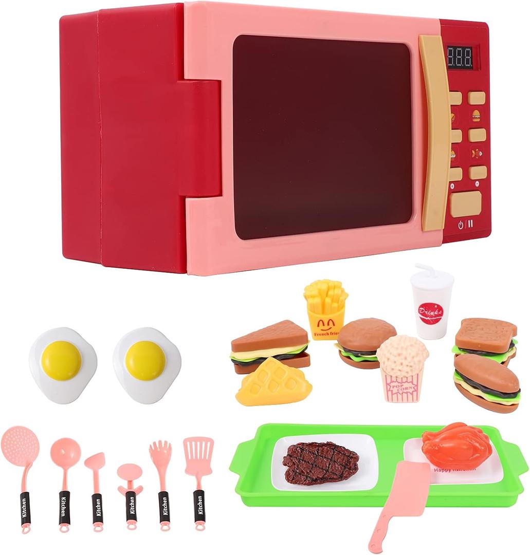 Cuterabit Toy Microwave Oven Playset with Light and Sound, Toy Kitchen Appliances for Kids, Play Kitchen Accessories and Toy Food for Toddlers 3 Year Old Up Girls Boys, Red