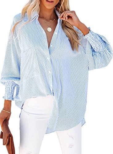 Womens Smocked Cuffed Striped Boyfriend Shirt Casual Collar Long Sleeve Oversized Button Down Blouse Tops with Pocket Shirred, Blue, XL