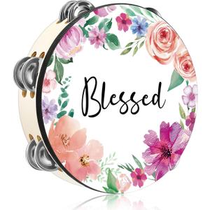 Tambourines for Adults 10 Inch Church Christian Flowers Dance Tambourine Double Row Jingle Bible Hand Bell Drum for Church Pray Party Percussion Musical Instrument Hand Bell Clap Drum(Blessed)
