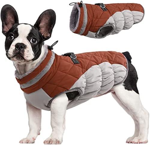 FUAMEY Dog Coat for Medium Dogs,Waterproof Dog Winter Jacket with Harness Built in Puppy Cold Weather Coats Reflective Pet Vest with Zipper Warm Fleece Dogs Snowsuit Windproof Brown, Medium