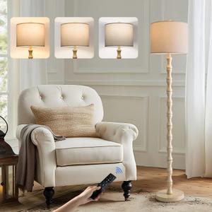 BOBOMOMO 62" Rustic Farmhouse Floor Lamp Antique White with Remote & Dimmable 9W Bulb, 3 Color Temperatures Resin Standing Lamp, Retro Tall Lamp for Living Room, Bedroom, Nursery, Office, Reading Nook