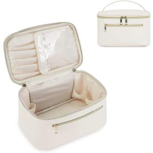 Wandering Nature Makeup Bag, Travel Make Up Organizer Cosmetic Brush Bags Case for Women in Vegan Leather, Milky White, Patent Pending