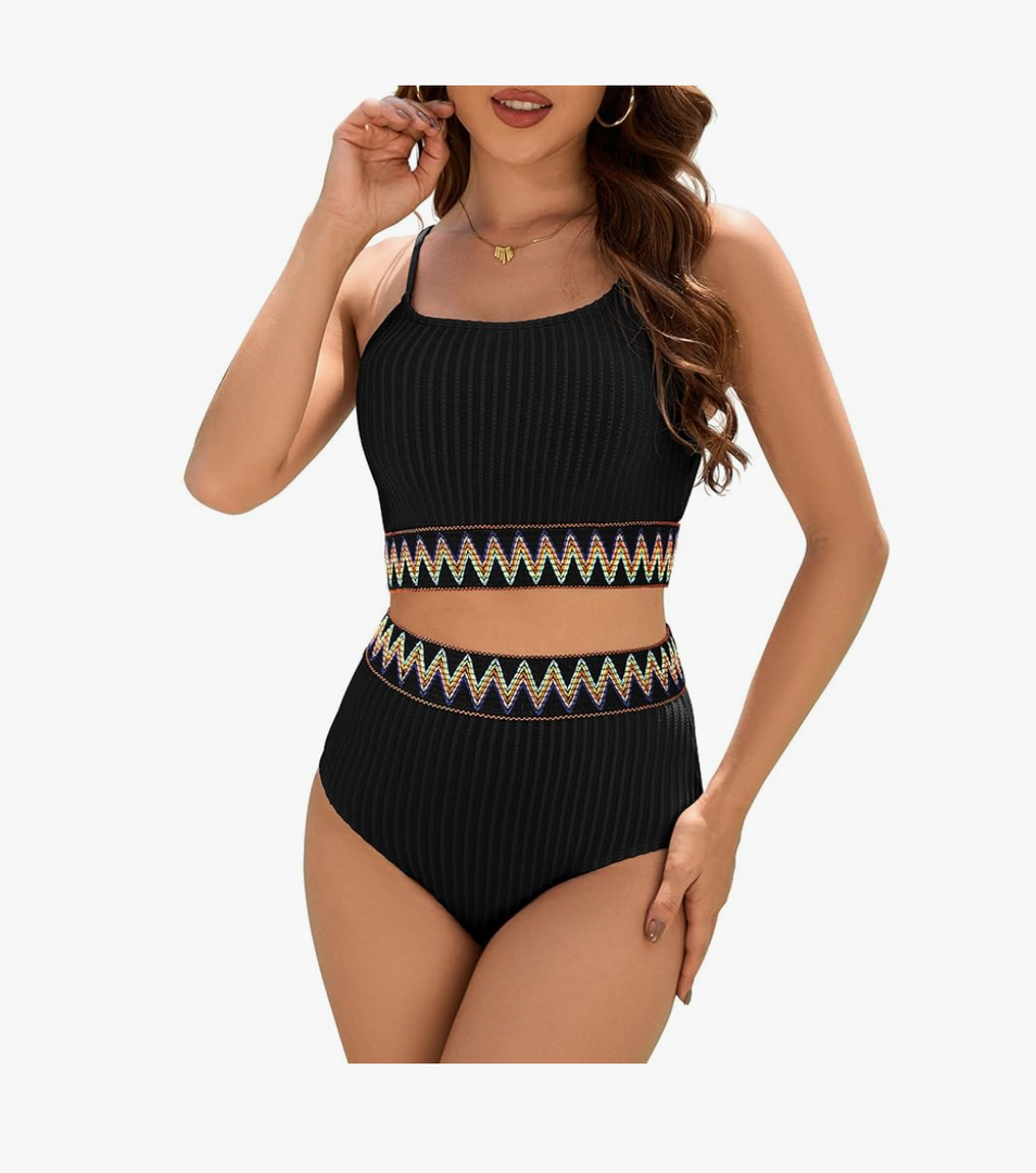 Zando High Waisted Bikini Sets for Women 2025 Ribbed 2 Piece Tummy Control Swimsuits Adjustable Color Block Bathing Suit, M