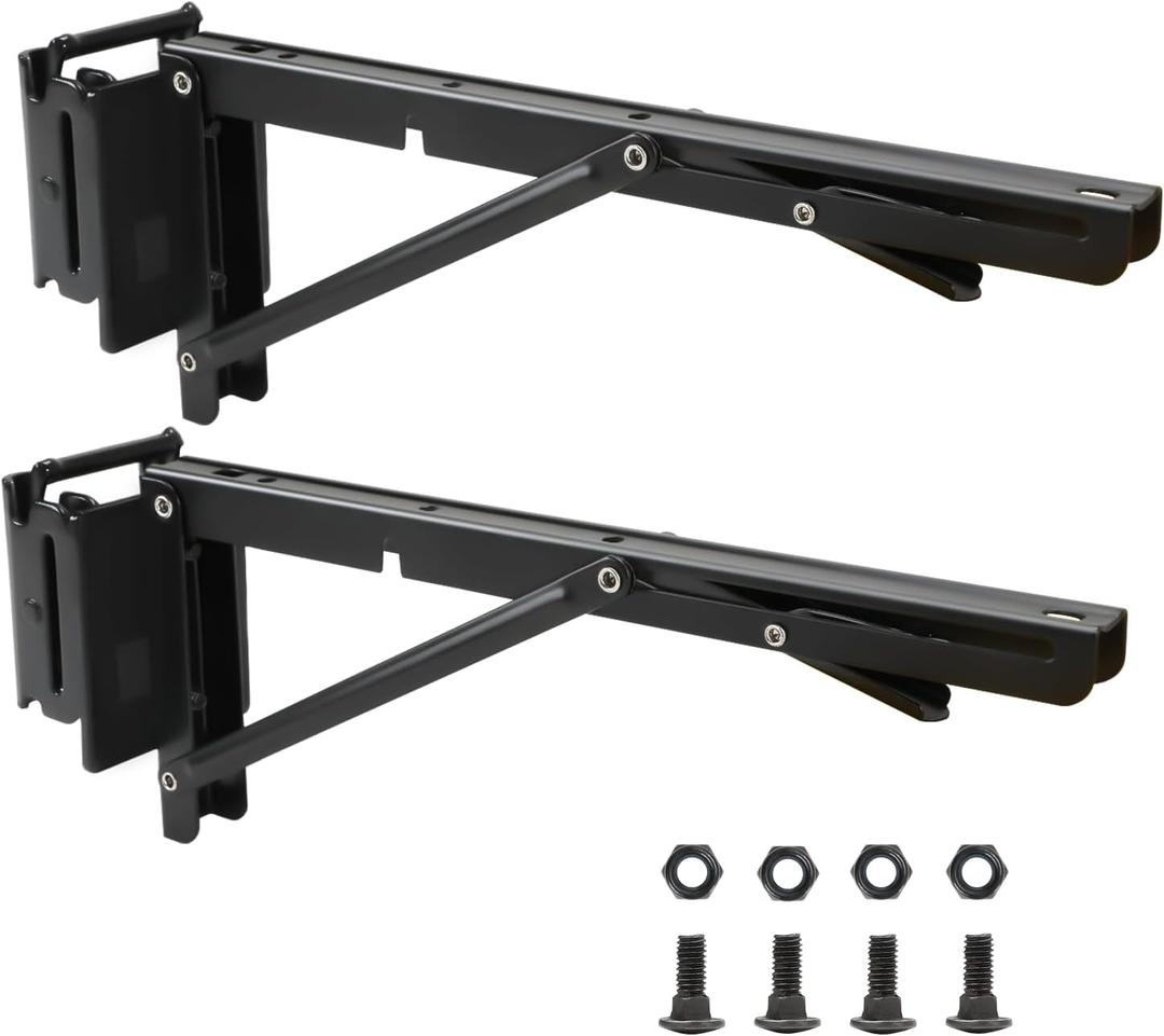 12 Inch Double Fittings E Track Shelf Bracket - Durable Hinged Collapsible Table Brackets - 2 Pack Black Powder Coating E-Track Accessories for etrack Workbench Shelves