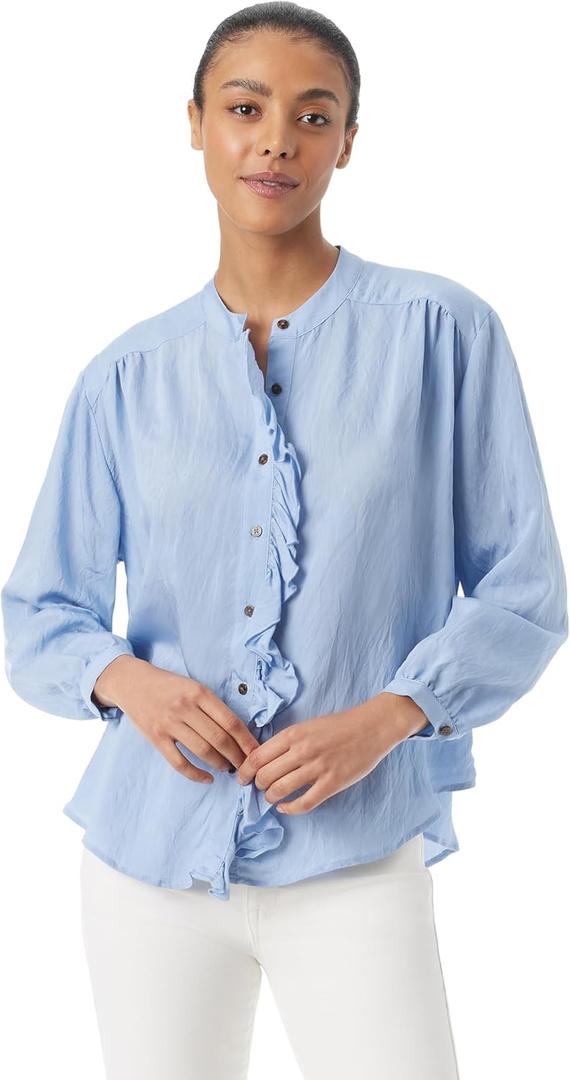 Sam Edelman Women's Tarra Ruffle Button Down Shirt with Tie Front Standard (Medium, Forever Blue)