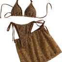 MakeMeChic Women's 3 Piece Crochet Bikini Sets with Cover Up Skirt | Summer Bathing Suit, Halter Triangle, Swimsuits (Brown, S)