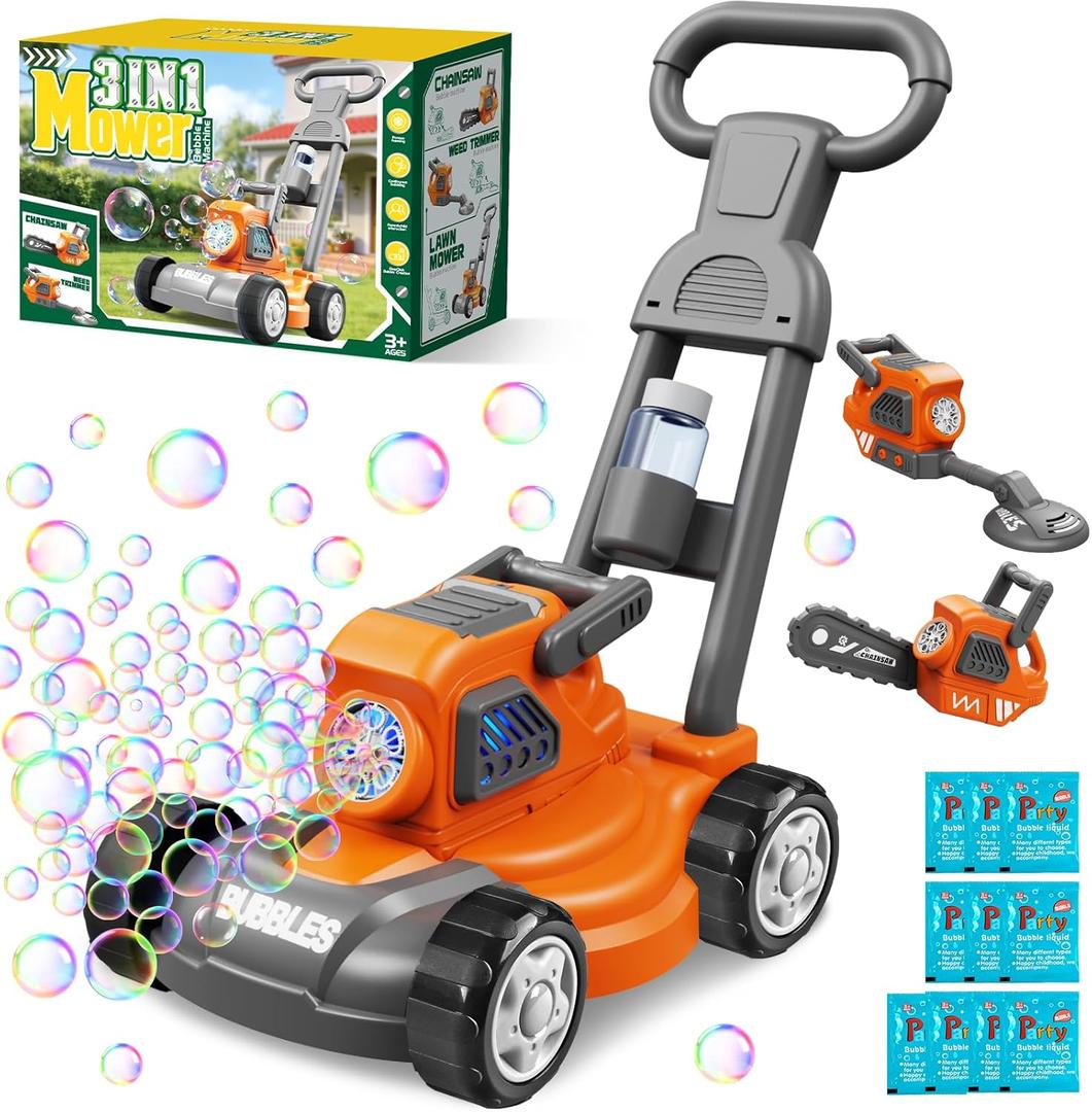 Bubble Lawn Mower for Kids, 3-in-1 Bubble Machine Blower with 10 Bubble Solution, Outdoor Push Toys for Toddlers Ages 3-8, Birthday Easter Summer Gift for Boys Girls 3 4 5 6 7 8 Year Old (Orange)