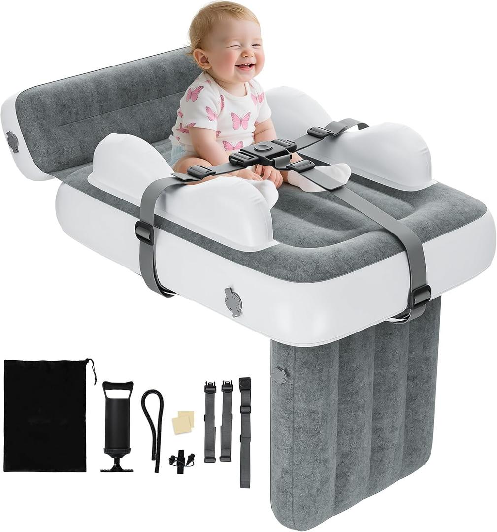 Inflatable Toddler Airplane Bed: Portable Airplane Seat Extender for Kids & Travel Bed for Camping - Blow Up Air Mattress for Child Flight Sleep with Safety Belt and Carry Bag