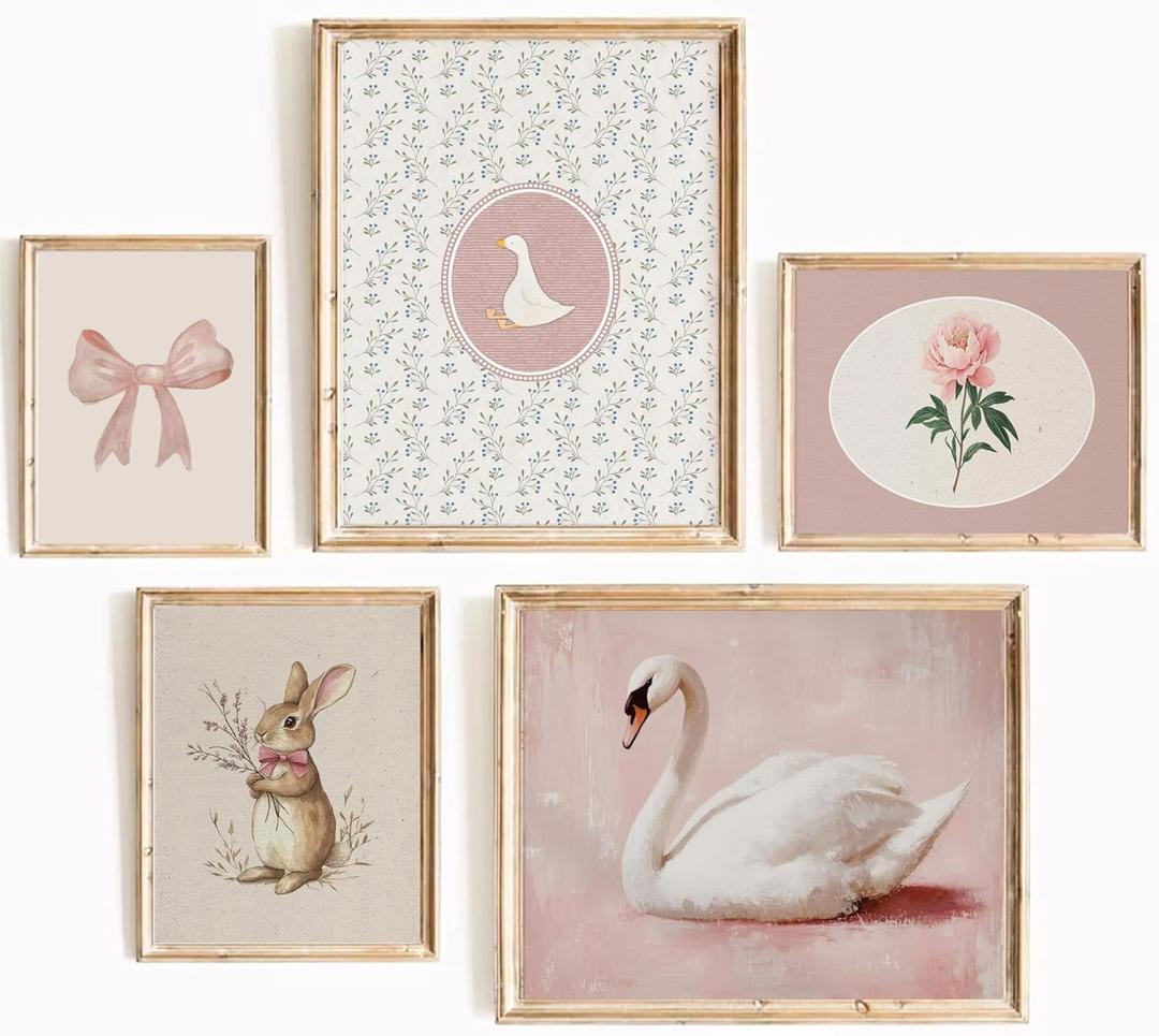 YUFXSTZV 5Pcs Vintage Pink Nursery Wall Art Pink Bow Wall Decor Flowers Animal Canvas Painting Bunny, Swan, Peony Prints for Nursery, Girls Bedroom Kids Room Picture Unframed