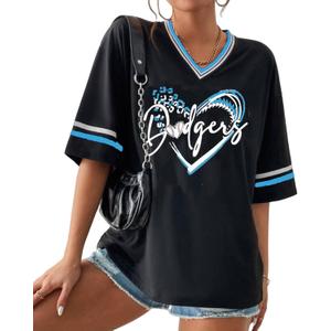 Baseball Shirt Women Oversized Baseball Mom Tshirts Game Day Short Sleeve Casual Loose Graphic Tees Tops (Black, L)
