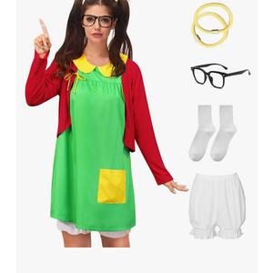 Clarisbelle Women's Halloween 6 Pcs Peter Pan Collar Outfits Cosplay Costume Green Dress with Red Cardigan  3XL