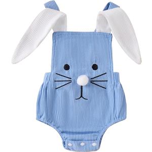 Gueuusu My First Easter Baby Boy Girl Outfit Bunny Costume Rabbit Ear Sleeveless Romper Overalls Infant Rabbit Cosplay Outfit (12-18 Months, Blue)