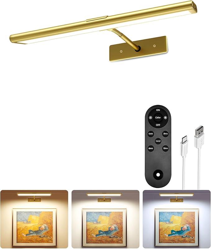 EZVALO Picture Light for Wall, 4800mAh Rechargeable Wireless Remote, 13in Dimmable Magnetic LED Art Display Light with 3 Color Temperatures, for Gallery, Living Room, Bedroom, Hallway (Gold)