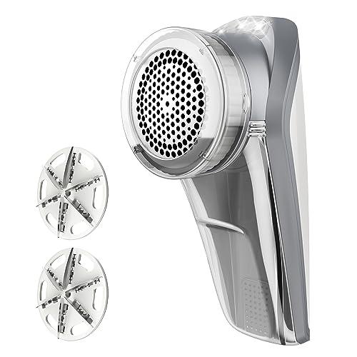 MR.SIGA Fabric Shaver and Lint Remover, Battery Operated Portable Lint Shaver with LED Lights, 2 Replaceable 6-Leaf Blades, Cream/Gray, Pack 2