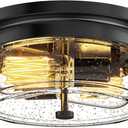 Black Flush Mount Ceiling Light Fixtures, 2-Light Ceiling Mount for Farmhouse with Seeded Glass Lampshade, Industrial Flush Mount Light Fixture Farmhouse for Hallway, Kitchen, Entryway and Foyer