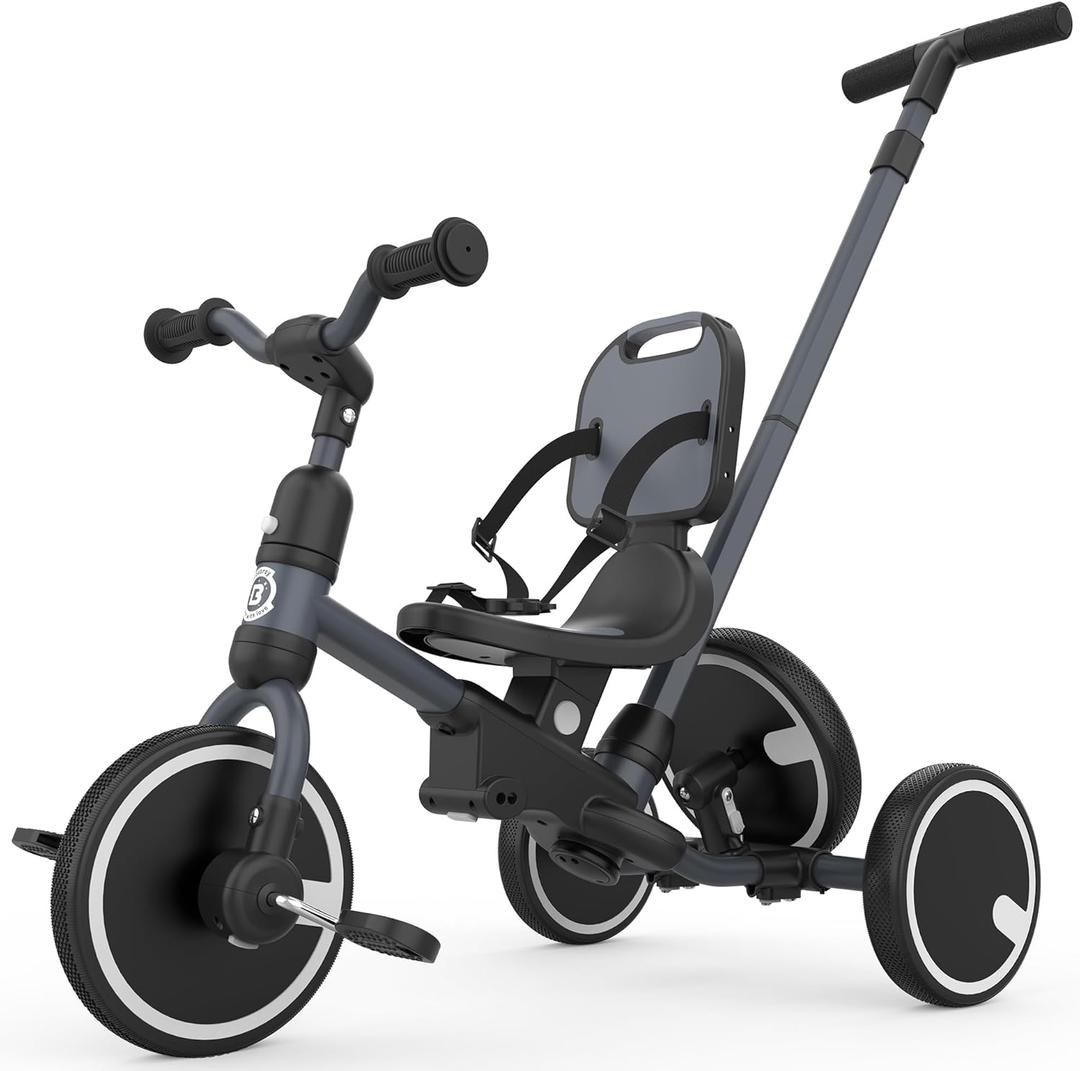 besrey 5-in-1 Toddler Tricycle with Push Handle, Grow with Me Kids Trike for 1-3 Years, Balance Bike & Tricycle, Adjustable Parent Steering, Safety Seat with Backrest