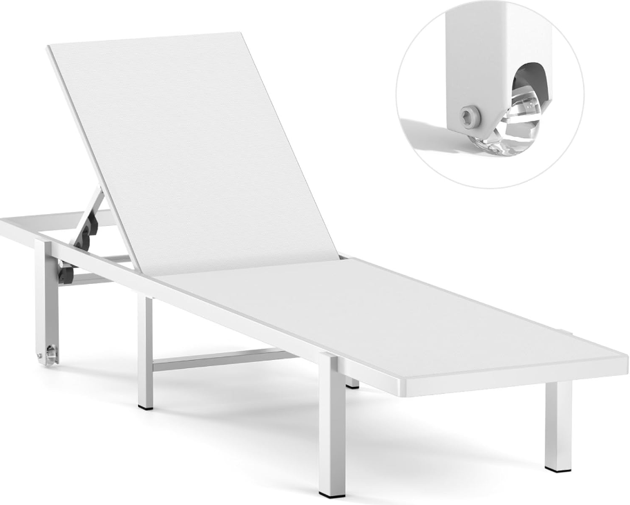 Ciokea Patio Chaise Lounge Chair, Outdoor Lounge Chairs with Wheels, 5-Position Adjustable Sun Loungers for Pool, Deck, Beach, (White, 1Pack)