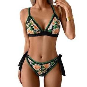Aidonger Bikini Sets for Women Floral Two Piece Bathing Suit V Neck Shell Stitched Swimsuit Tie Side Triangle Swimwear, Medium (Green,Black) 