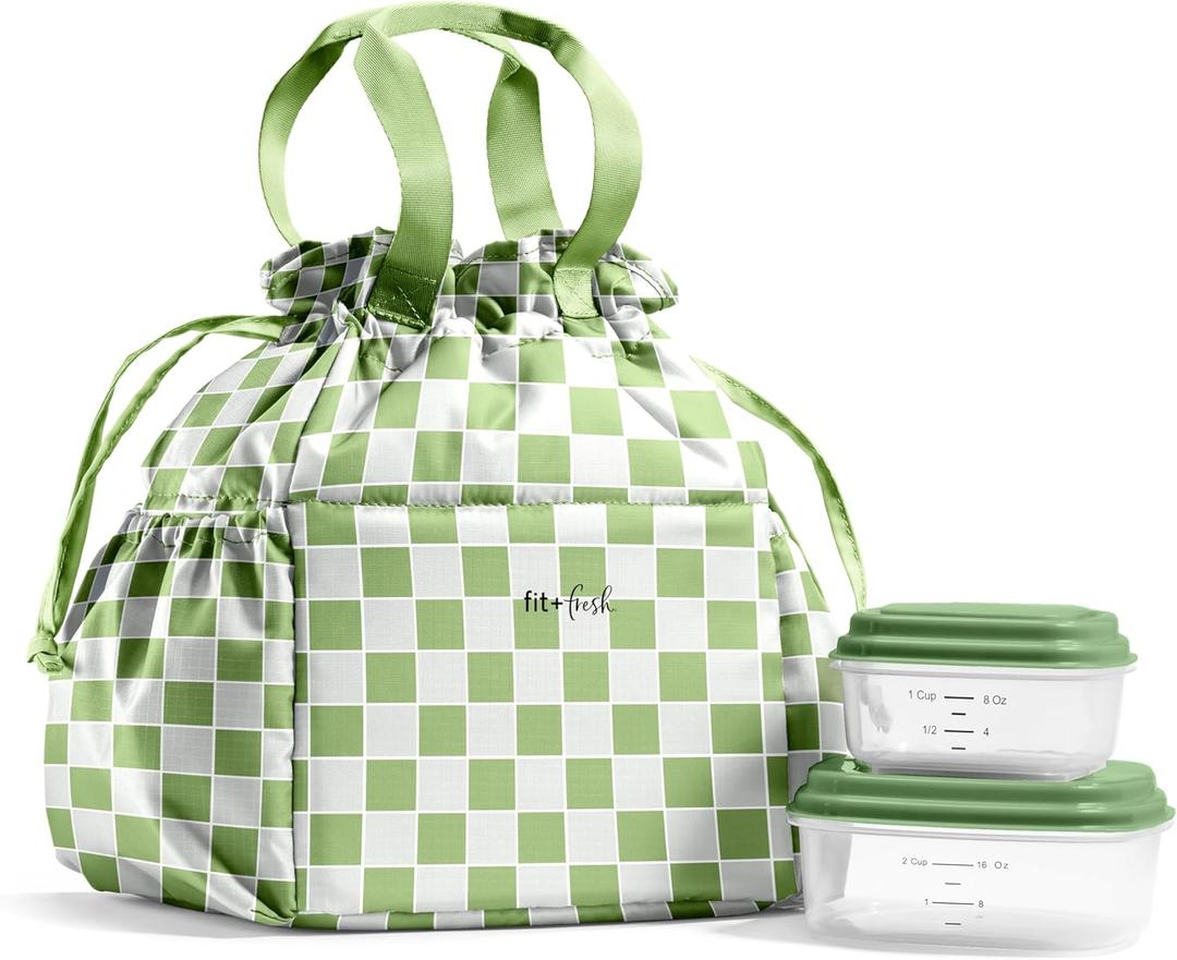 Fit & Fresh Cromwell Drawstring Lunch Bag for Women, Complete Lunch Set with 2 Containers, Stain-Resistant, Leak-Resistant, Back to School Essential, Teacher Lunchbox, Pistachio Checker Board (Green)
