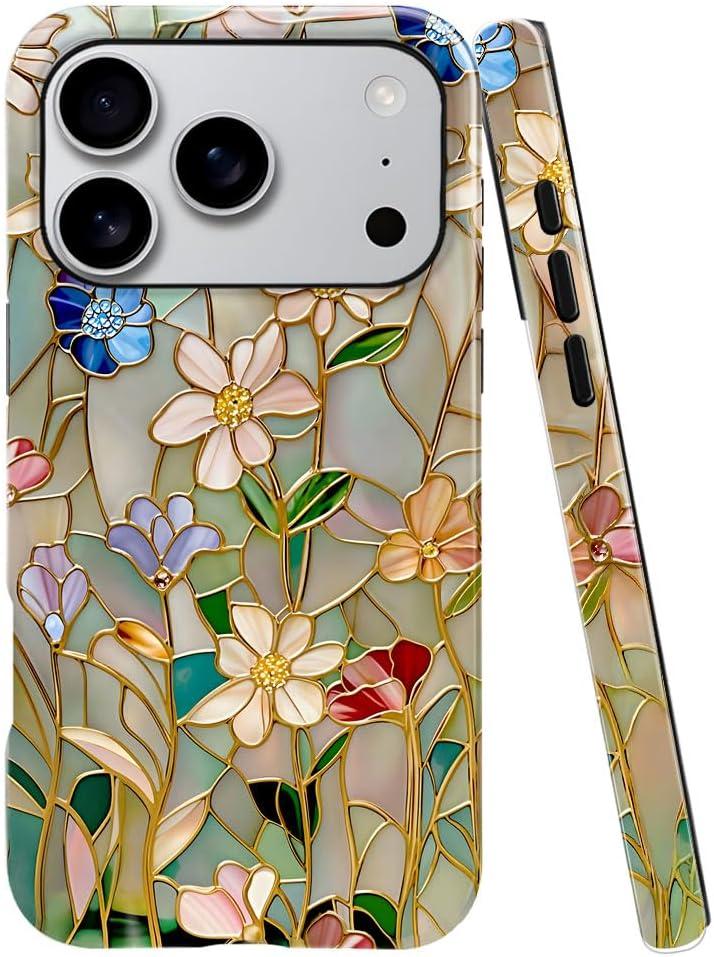 Case Compatible with iPhone 17 Pro,Fall Prevention Bright Hybrid 2-Layer Hard Shell Phone Case for Girls Boys,Stained Glass Bloom Flower