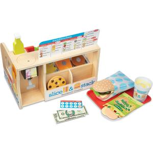 Melissa & Doug SliceStackServe, Wooden Sandwich Counter Pretend Play Store with Play Food Toys, Play Money & Deli Slicer, Preschool Toys for Kids 3+