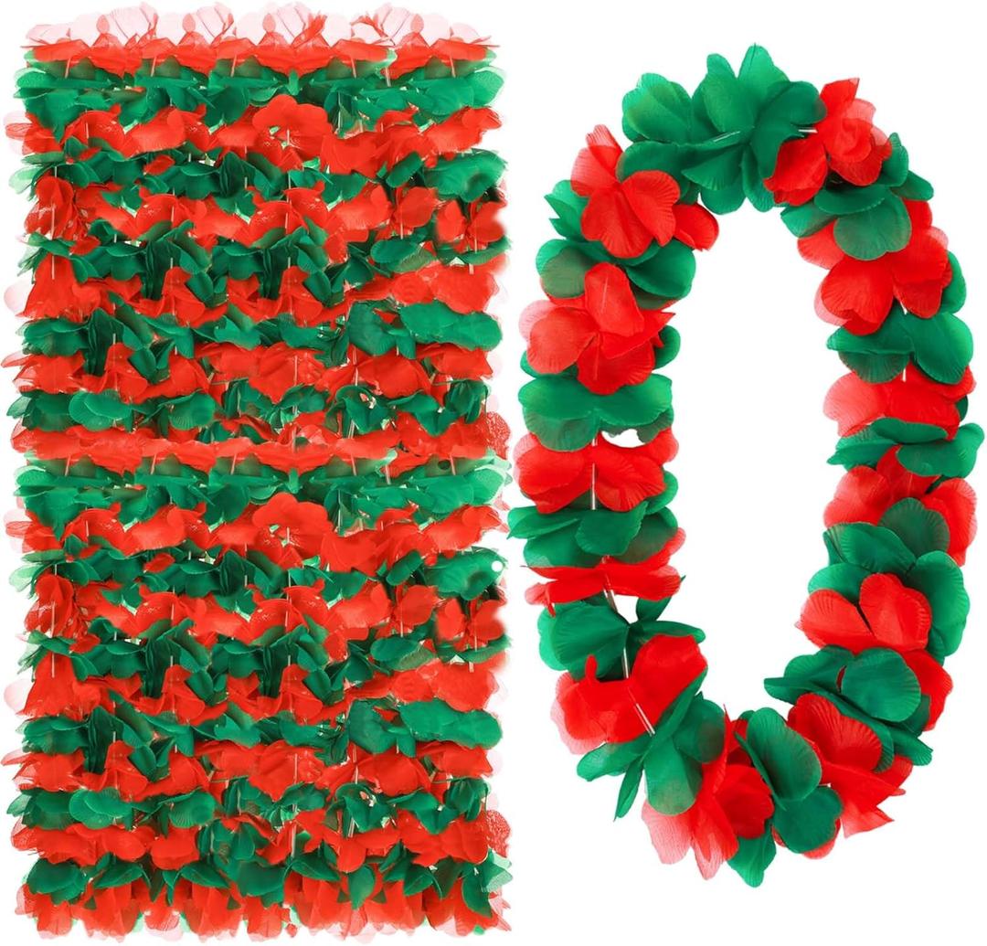 Christmas in July Leis Hawaiian Red and Green Tropical Leis Flower Necklace for Christmas July Party Decorations Masquerade Beach Wedding Themed Carnival Supplies