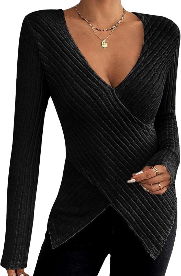 Flamingals Women's Elegant Casual Chic Deep V Neck Long Sleeve Stretchy Rib Knit Asymmetrical Wrap Slim Fit T Shirt (X-Large, Black)
