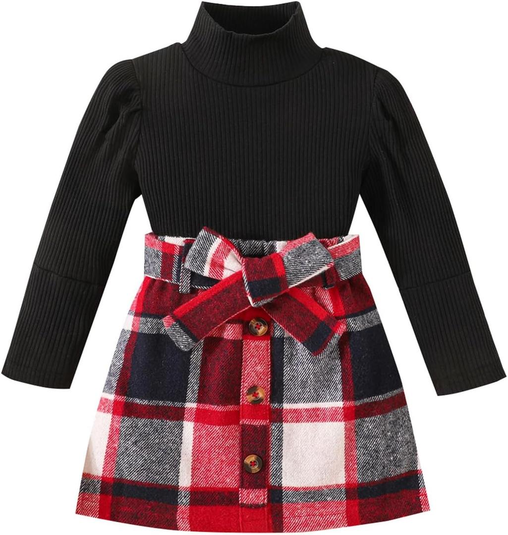 Noubeau Toddler Girl Fall Winter Clothes Cute Puff Sleeve Top Plaid Mini Skirt Girls A-line Dress 2-8 Years