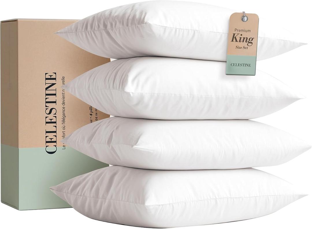 King Size Bed Pillows Set of 4 Soft & Supportive Down Alternative Microfiber Filling, Plush White 36x20 Sleeping Pillows for Side and Back Sleepers, Breathable, Machine Washable