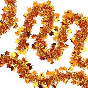 DIYDEC 33ft Thanksgiving Fall Tinsel Garlands, Golden Copper Maple Leaf Glittering Hanging Metallic Tinsel Garland for Thanksgiving Party Decoration