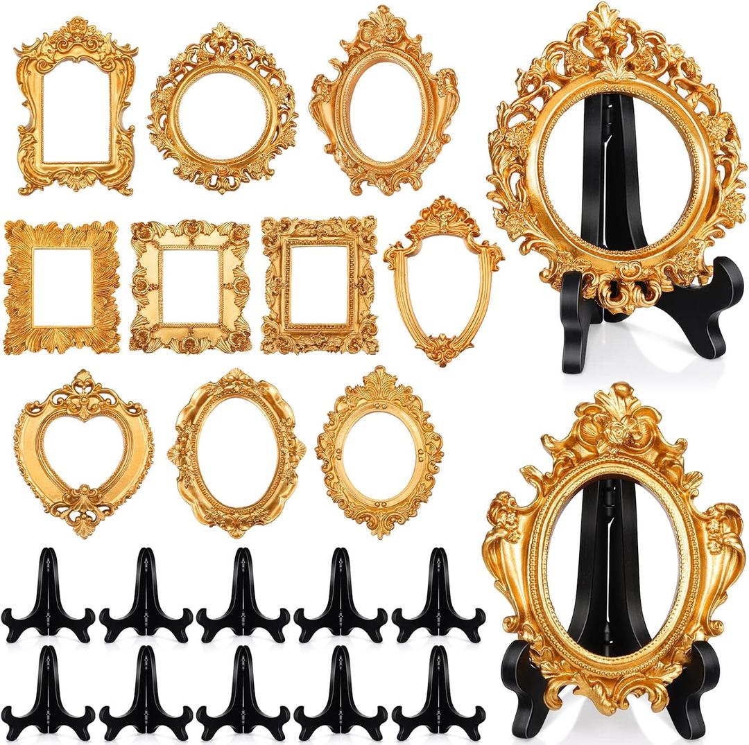 Remerry 10 Pcs Vintage Picture Frame Antique Mini Frame Small Photo Display Miniature Tiny Resin Jewelry Display 4 Inch Black Plastic Stand for Home Wedding (Gold)
