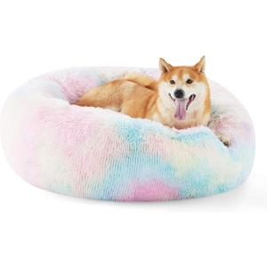 Bedsure Calming Dog Bed for Medium Dogs - Donut Washable Medium Pet Bed, Anti-Slip Round Fluffy Plush Faux Fur Cat Bed, Fits up to 45 lbs Pets, Multi-Colored, 30 inches