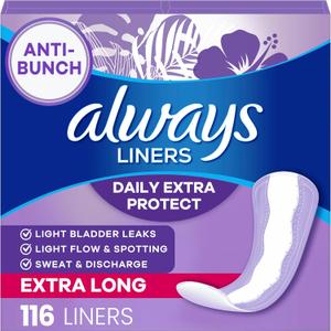 Always Daily Extra Protect Liners, Extra Long Length, Unscented Panty Liners, 116 Count, Extra Long 