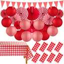 Moukeren 33 Pcs Picnic Party Decorations Set Paper Lanterns Red and White Checkered Gingham Pennant Banner with Hanging Paper Fans Tablecloth for Carnival Picnic BBQ Party Supplies