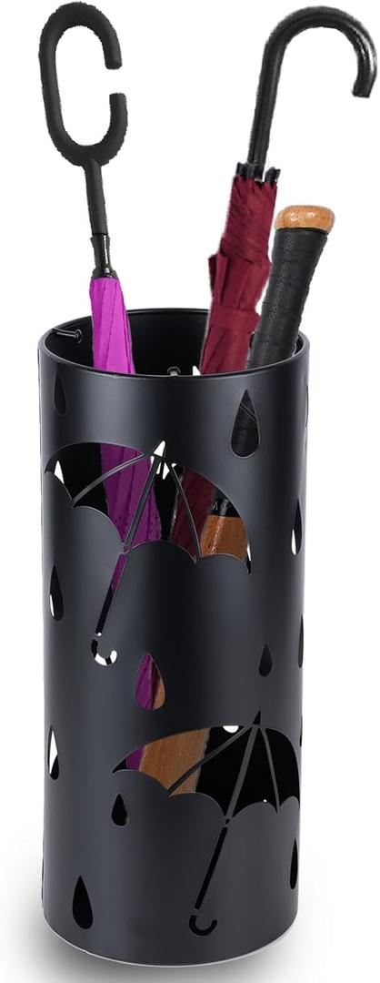 Umbrella Stand Rack for Entryway, Black Round Metal Umbrella Holder, Free Standing Umbrella Organizer Bin with 3 Hooks for Walk Stick, Home Office Indoor, 17 x 7 Inch