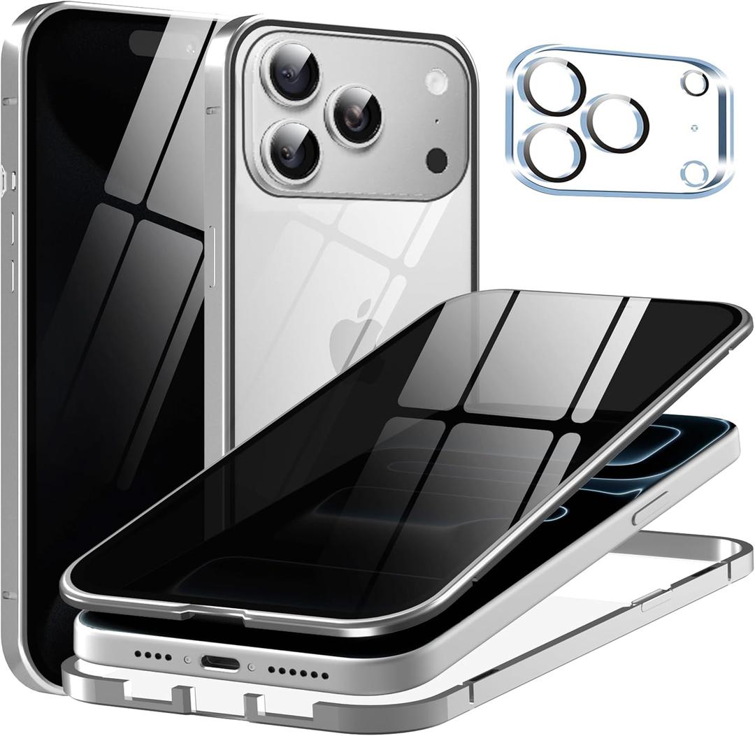 Metal Titanium Privacy Case for iPhone 17 Pro Max, Built-in Privacy Screen Protector & Camera Lens Protector, Magnetic Adsorption Double Sided Tempered Glass Anti Peep Anti Spy Cover for Men Women