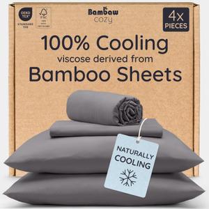 Bambaw 100% Viscose Derived from Bamboo Queen Sheet Set 4pcs Soft Bedding Set, Deep Pocket Queen Cooling Sheets Fits Up to 16'' with Elastic Corner Straps (Dark Gray)
