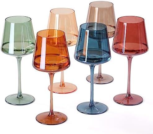 comfit Hand Blown Colored Wine Glasses Set of 6-18oz Multi Colored Square Wine Glasses with Tall Long Stems and Flat Bottom,Crystal Colorful Wine Glass