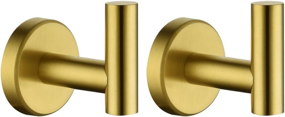 JQK Bathroom Towel Hook Brushed Gold, Brass Coat Robe Clothes Hook for Bathroom Kitchen Garage Wall Mounted (Pack of 2), SUS 304 Stainless Steel 0.8mm, TH100-BG-P2