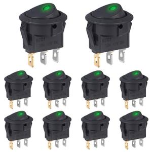 2 x VEXUNGA 12V 20A Round Rocker Switch Green LED Light Toggle Switch ON Off 3Pins 12V DC SPST ON/Off Switches for Car Truck Automotive (10pcs)