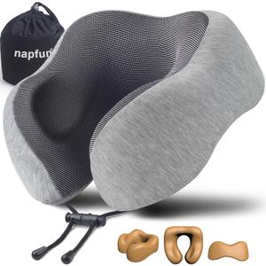 napfun Neck Pillow for Traveling, Upgraded Travel Neck Pillow for Airplane 100% Pure Memory Foam Travel Pillow for Flight Headrest Sleep, Portable Plane Accessories, Light Grey